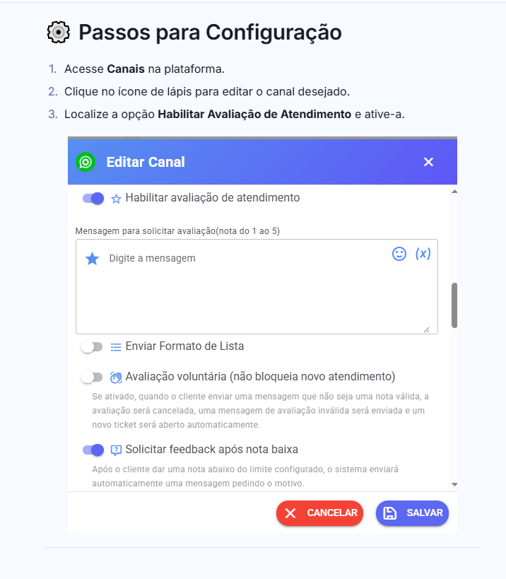 Passos para Configuracao da Avaliacao